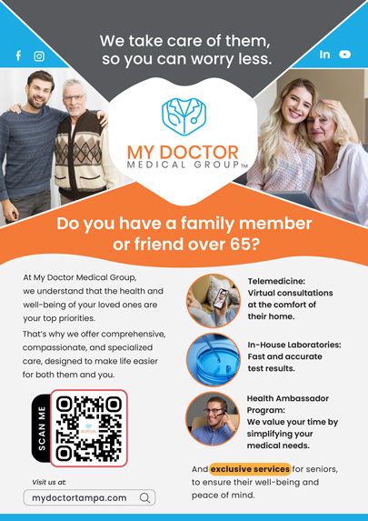 Flyer for My Doctor Medical Group promoting specialized healthcare services for seniors aged 65 and older. Features include telemedicine, in-house laboratories, and appointment coordination. The flyer emphasizes compassionate care and provides contact details with a QR code for more information
